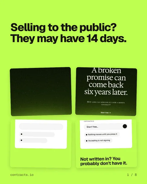 Carousel for contracts.io: "Selling to the public? They may have 14 days.". Collection carousel, 8 slides, light palette.
