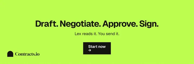 X header for contracts.io: "Draft. Negotiate. Approve. Sign." Swiss style, centred layout, light palette in green.