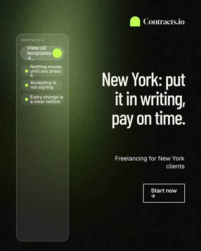 Instagram portrait post for contracts.io: "New York: put it in writing, pay on time." Dark deco style, right layout, dark palette in green, black, grey.
