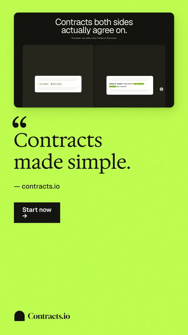Instagram story for contracts.io: "Contracts made simple." Swiss style, quote layout, light palette in green.