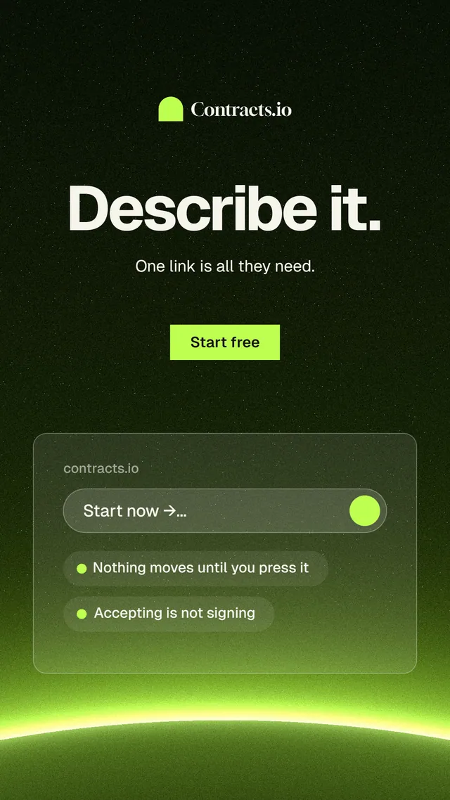 Instagram story for contracts.io: "Describe it." Swiss style, centred layout, dark palette in green, black.