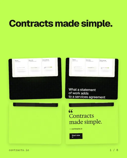 Carousel for contracts.io: "Contracts made simple.". Collection carousel, 8 slides, light palette.
