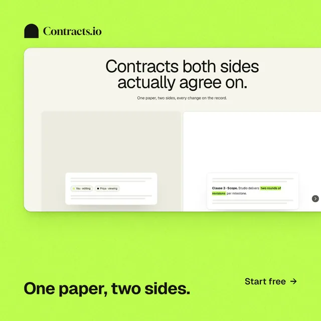 Instagram post for contracts.io: "One paper, two sides." Swiss style, image led layout, light palette in green.