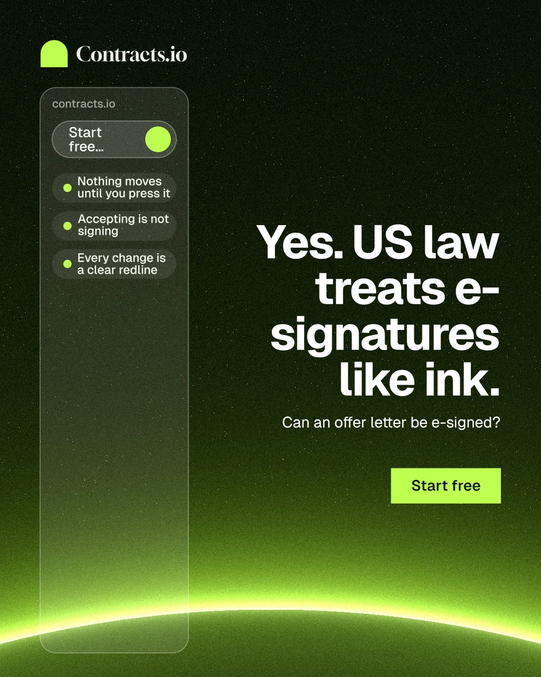 Instagram portrait post for contracts.io: "Yes. US law treats e-signatures like ink." Swiss style, right layout, dark palette in green, black.