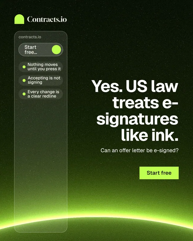 Instagram portrait post for contracts.io: "Yes. US law treats e-signatures like ink." Swiss style, right layout, dark palette in green, black.