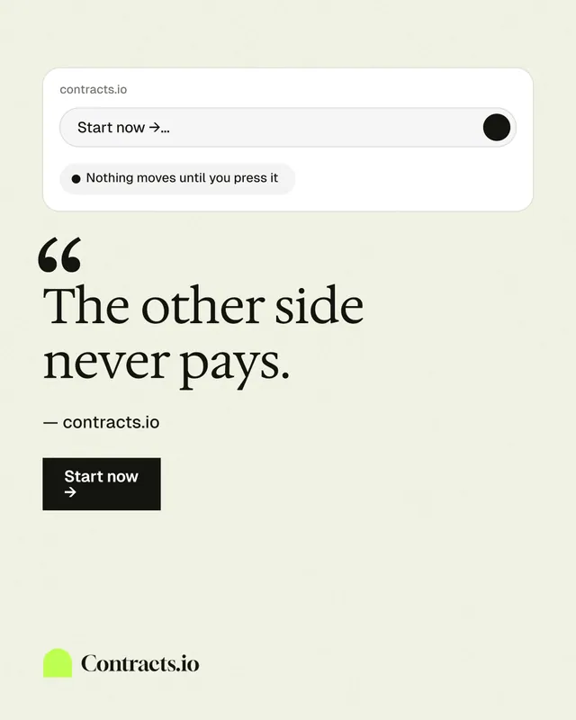 Instagram portrait post for contracts.io: "The other side never pays." Swiss style, quote layout, light palette in white.
