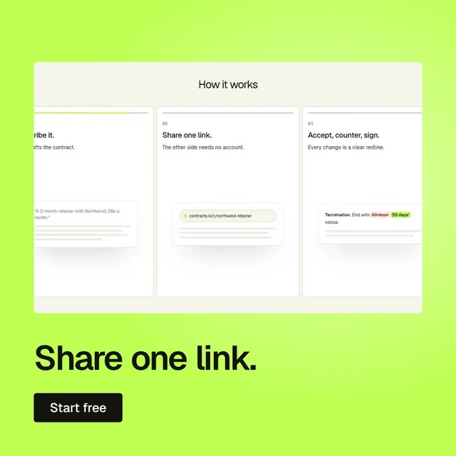 Video for contracts.io: "Share one link.". Doc motion loop, 6.0 s, light palette.