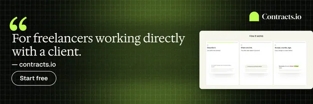 X header for contracts.io: "For freelancers working directly with a client." Phosphor atlas style, quote layout, dark palette in green, black, white.