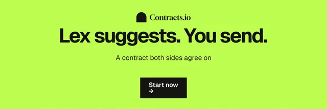 X header for contracts.io: "Lex suggests. You send." Swiss style, centred layout, light palette in green.