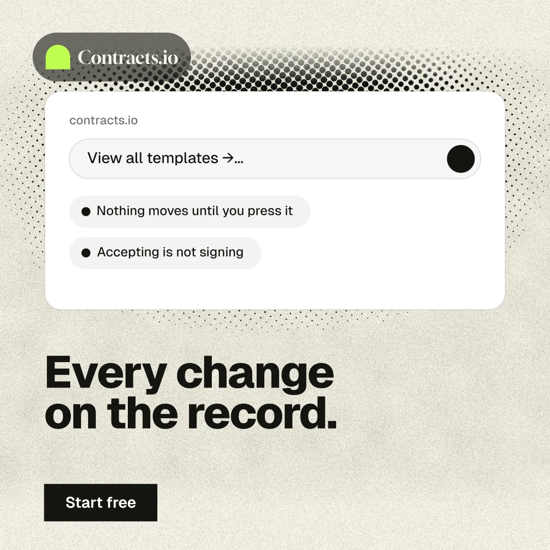 Instagram post for contracts.io: "Every change on the record." Ink sticker style, bottom layout, light palette in yellow, white, grey.