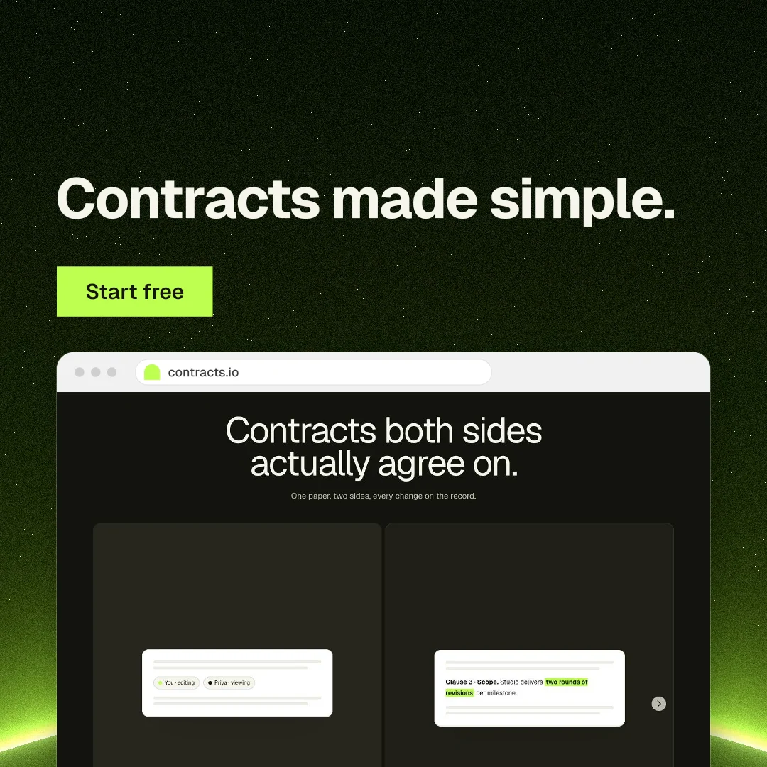 Instagram post for contracts.io: "Contracts made simple." Swiss style, browser layout, dark palette in black, grey.
