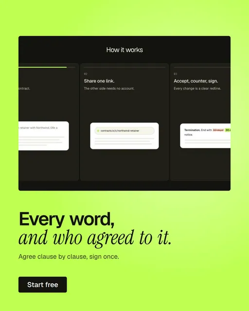 Video for contracts.io: "Every word, and who agreed to it.". Doc motion loop, 6.0 s, light palette.
