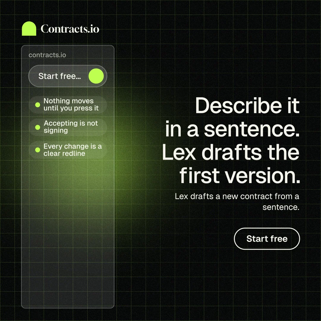 Instagram post for contracts.io: "Describe it in a sentence. Lex drafts the first version." Phosphor atlas style, right layout, dark palette in black, grey.
