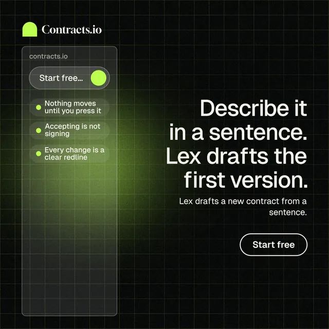 Instagram post for contracts.io: "Describe it in a sentence. Lex drafts the first version." Phosphor atlas style, right layout, dark palette in black, grey.