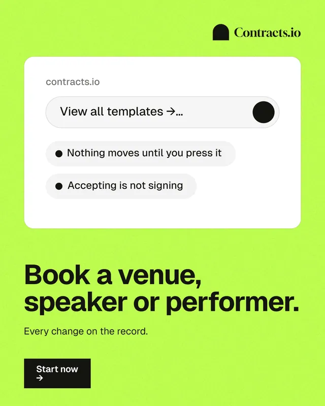 Instagram portrait post for contracts.io: "Book a venue, speaker or performer." Swiss style, bottom layout, light palette in white, green.