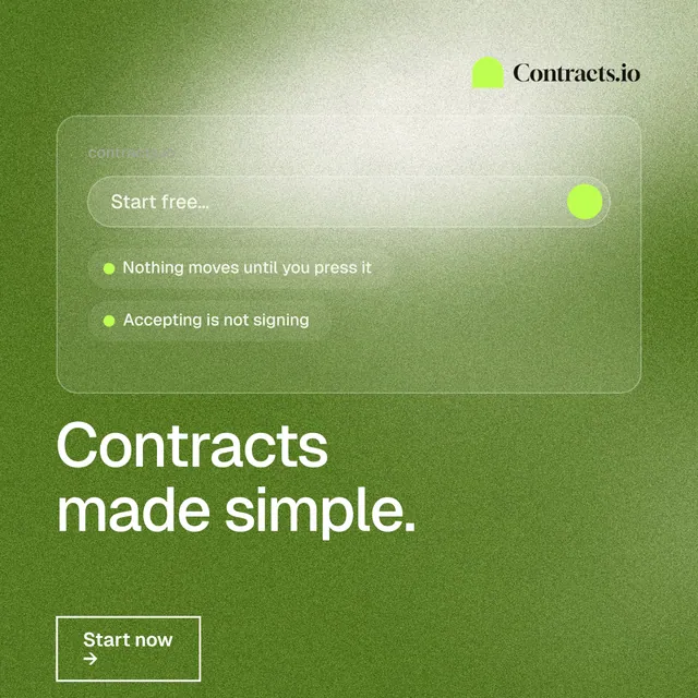 Instagram post for contracts.io: "Contracts made simple." Cyanotype style, bottom layout, light palette in green.