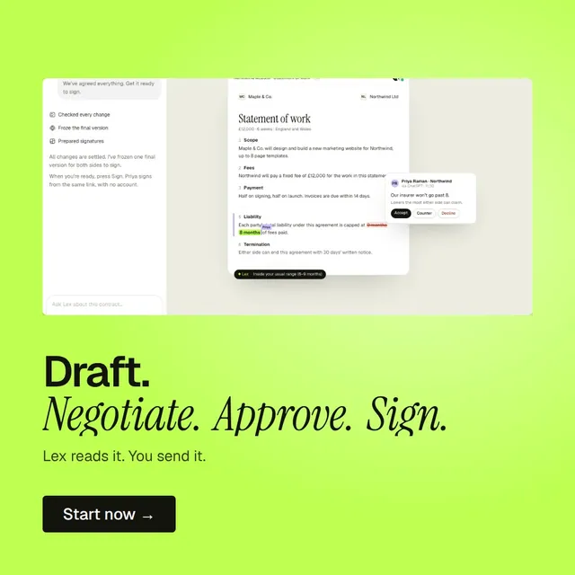 Video for contracts.io: "Draft. Negotiate. Approve. Sign.". Doc motion loop, 7.0 s, light palette.