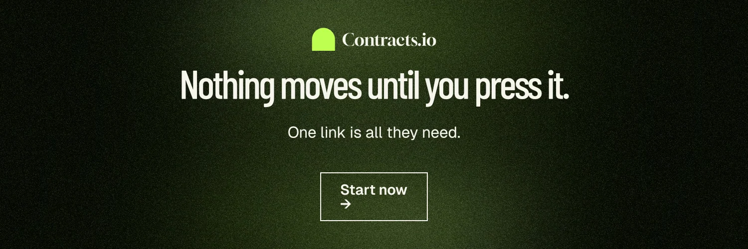 X header for contracts.io: "Nothing moves until you press it." Dark deco style, centred layout, dark palette in black, green.