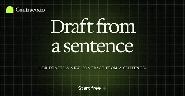 Social ad for contracts.io: "Draft from a sentence". Phosphor atlas style, smallcaps layout, dark palette in black, green.