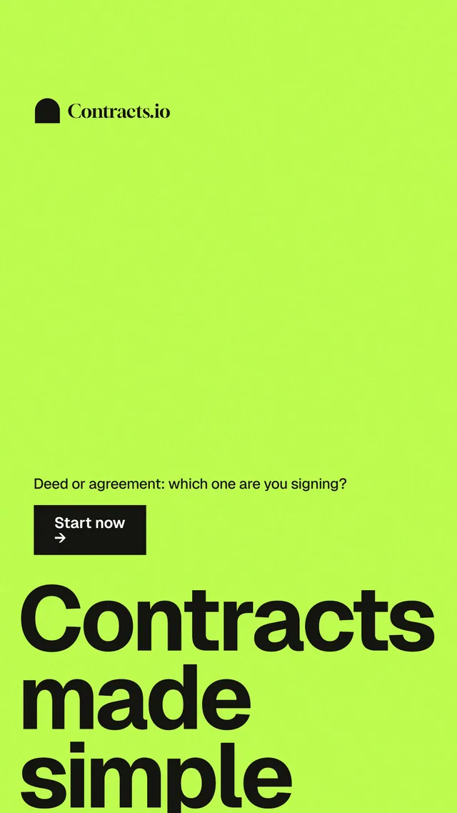 Instagram story for contracts.io: "Contracts made simple." Swiss style, oversized layout, light palette in green.