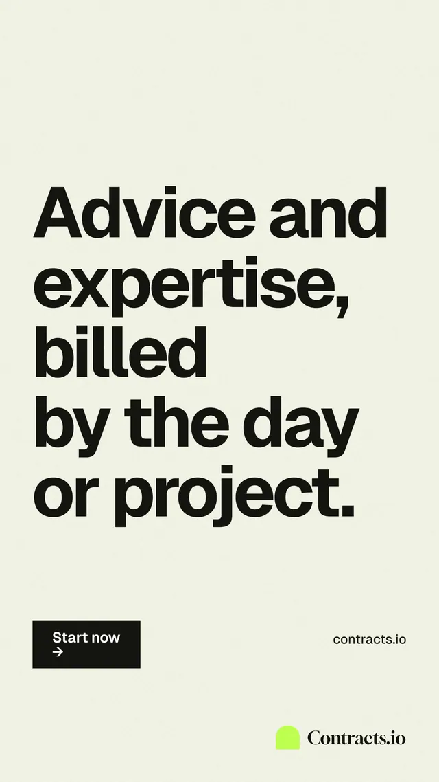 Instagram story for contracts.io: "Advice and expertise, billed by the day or project." Swiss style, poster layout, light palette in white, grey.