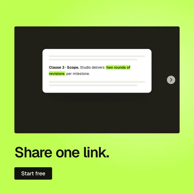 Video for contracts.io: "Share one link.". Doc motion loop, 6.0 s, light palette.