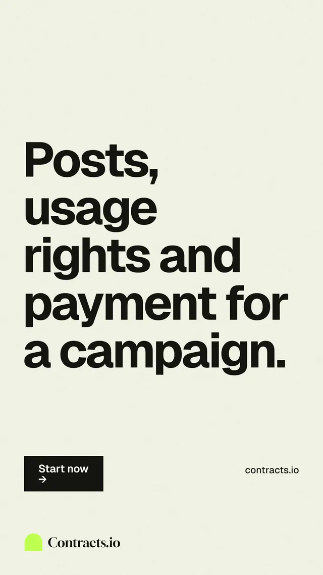 Instagram story for contracts.io: "Posts, usage rights and payment for a campaign." Swiss style, poster layout, light palette in white, grey.
