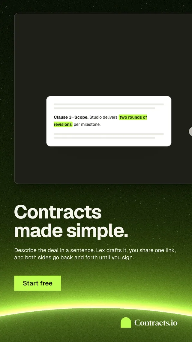Instagram story for contracts.io: "Contracts made simple." Swiss style, bottom layout, dark palette in black, green.