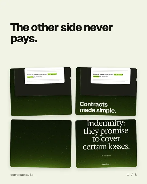 Carousel for contracts.io: "The other side never pays.". Collection carousel, 8 slides, light palette.