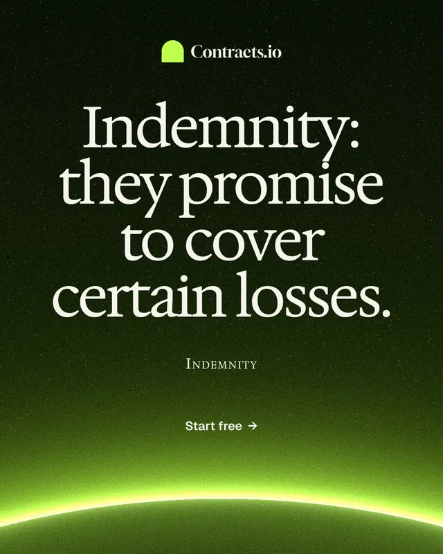 Instagram portrait post for contracts.io: "Indemnity: they promise to cover certain losses." Swiss style, smallcaps layout, dark palette in black, green.