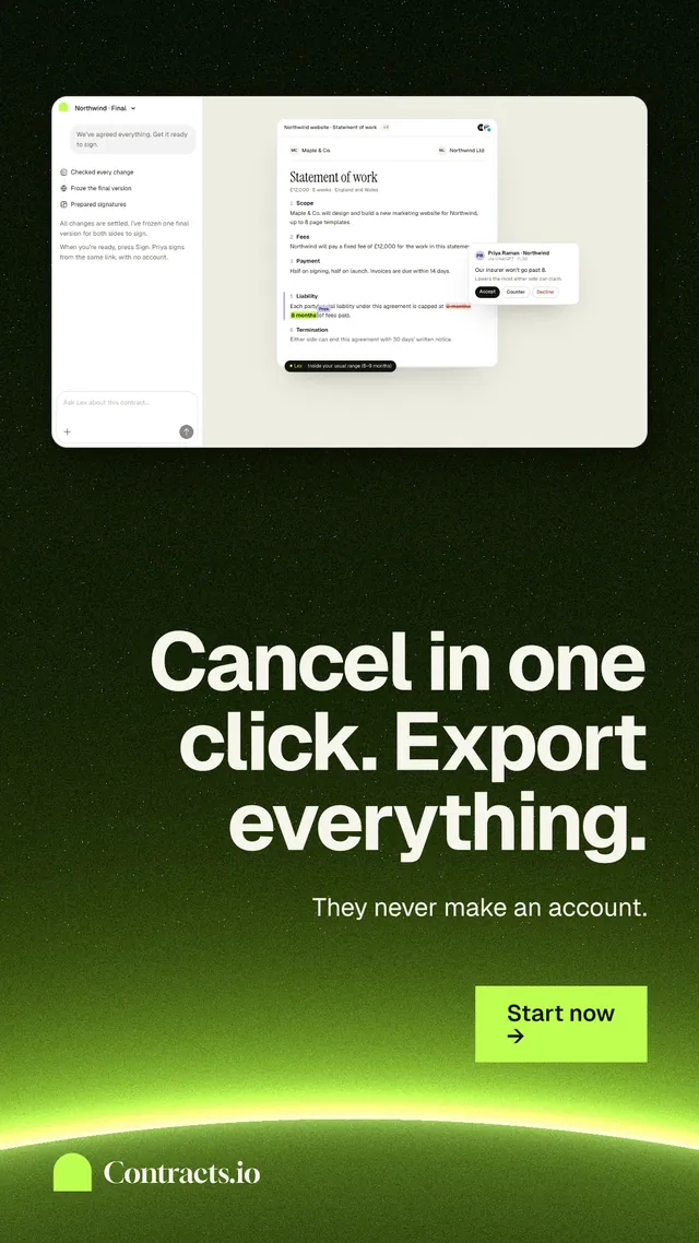 Instagram story for contracts.io: "Cancel in one click. Export everything." Swiss style, right layout, light palette in black, green, white.