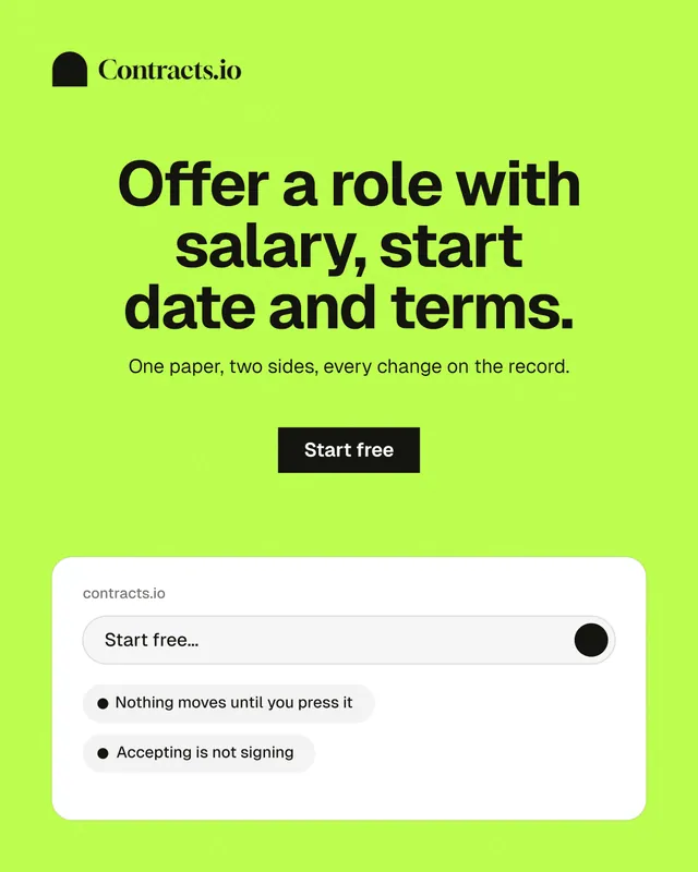 Instagram portrait post for contracts.io: "Offer a role with salary, start date and terms." Swiss style, centred layout, light palette in green, white.