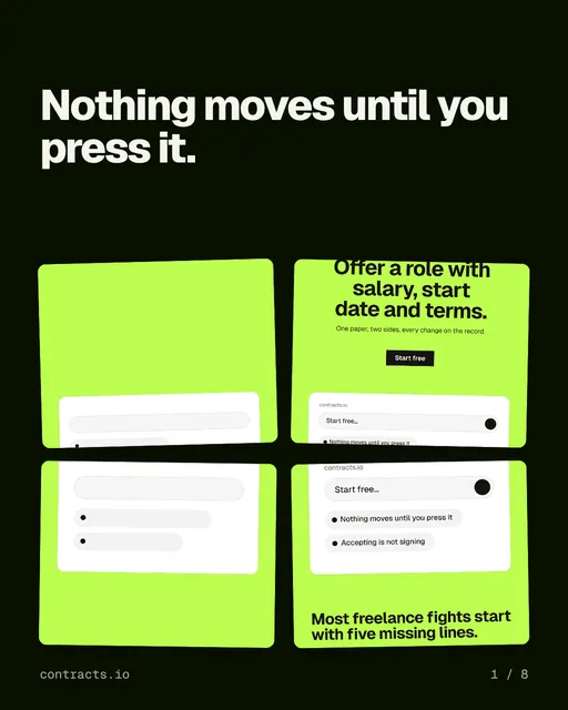 Carousel for contracts.io: "Nothing moves until you press it.". Collection carousel, 8 slides, dark palette.