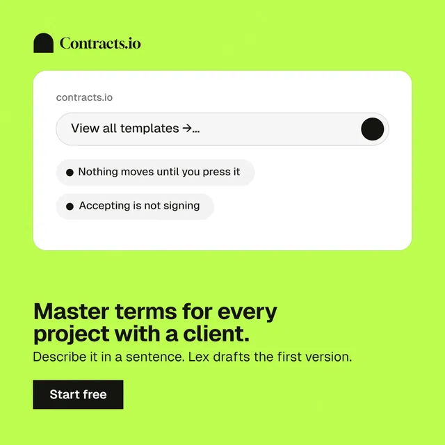 Instagram post for contracts.io: "Master terms for every project with a client." Swiss style, bottom layout, light palette in white, green.