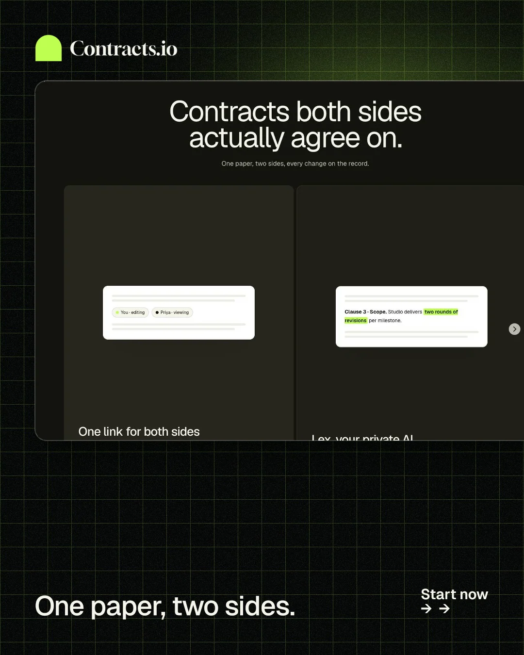 Instagram portrait post for contracts.io: "One paper, two sides." Phosphor atlas style, image led layout, dark palette in black, grey.
