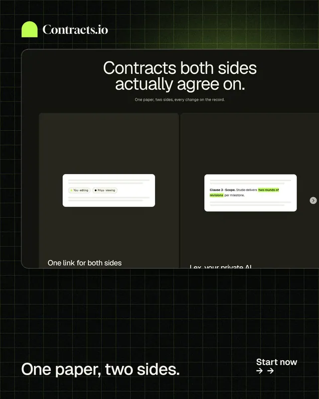 Instagram portrait post for contracts.io: "One paper, two sides." Phosphor atlas style, image led layout, dark palette in black, grey.