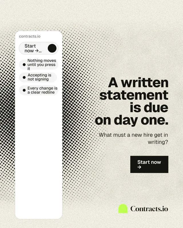 Instagram portrait post for contracts.io: "A written statement is due on day one." Ink sticker style, right layout, light palette in white, yellow, grey.