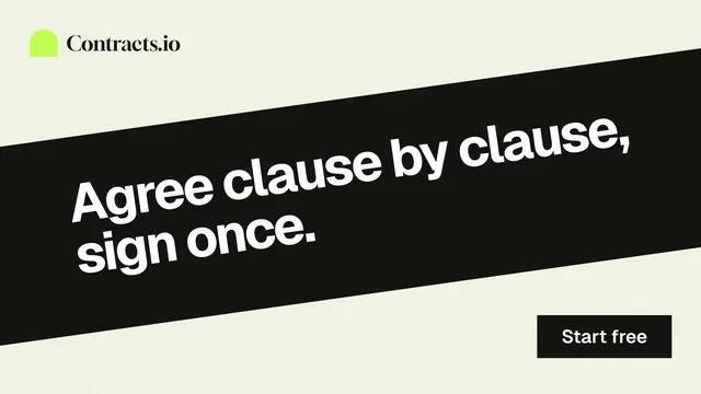 Landscape graphic for contracts.io: "Agree clause by clause, sign once." Swiss style, diagonal layout, light palette in white, black, grey.