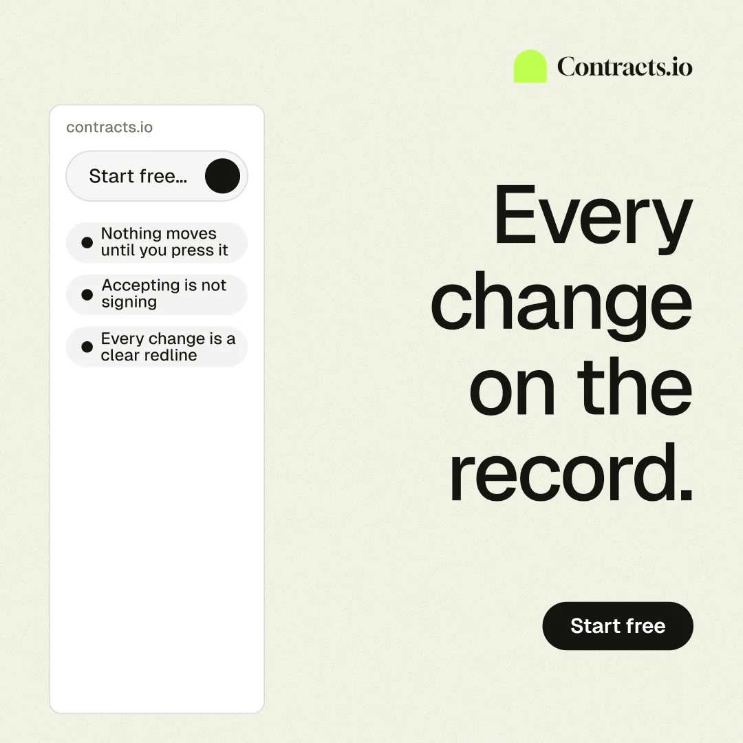 Instagram post for contracts.io: "Every change on the record." Data card style, right layout, light palette in white, grey.