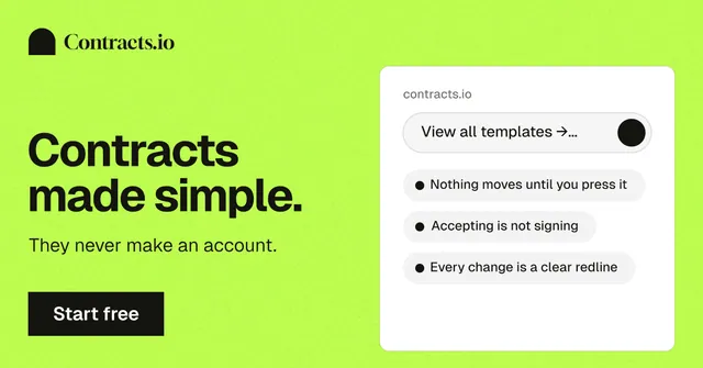 Social ad for contracts.io: "Contracts made simple." Swiss style, bottom layout, light palette in green.
