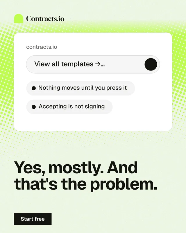 Instagram portrait post for contracts.io: "Yes, mostly. And that's the problem." Swiss style, bottom layout, light palette in white, green, grey.