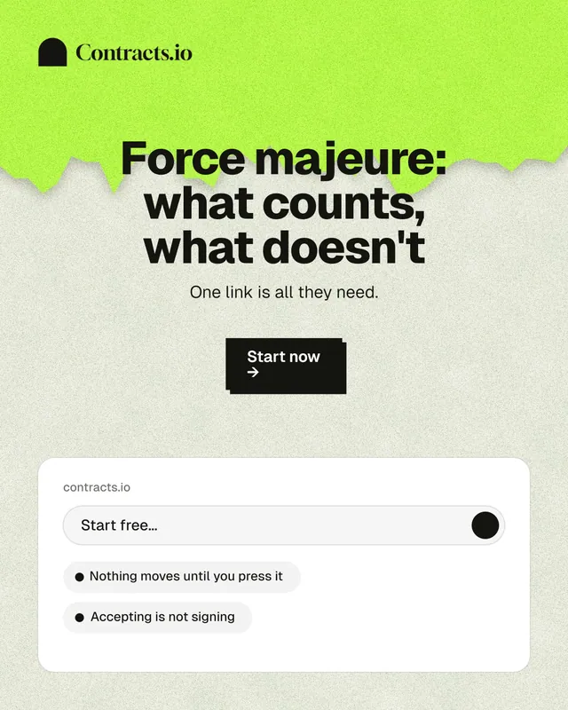 Instagram portrait post for contracts.io: "Force majeure: what counts, what doesn't". Paper trio style, centred layout, light palette in green, white, grey.