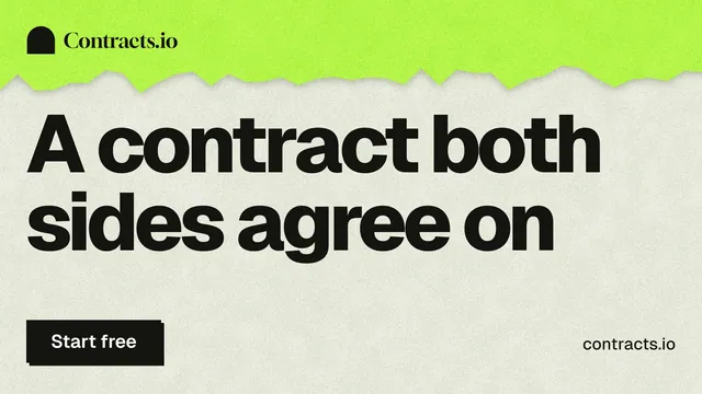 Landscape graphic for contracts.io: "A contract both sides agree on". Paper trio style, poster layout, light palette in green, grey.