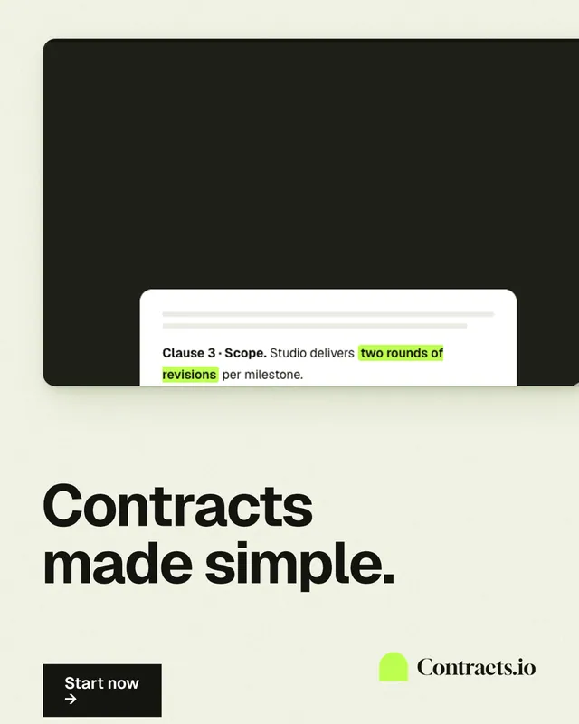 Instagram portrait post for contracts.io: "Contracts made simple." Swiss style, bottom layout, light palette in white, black, green.