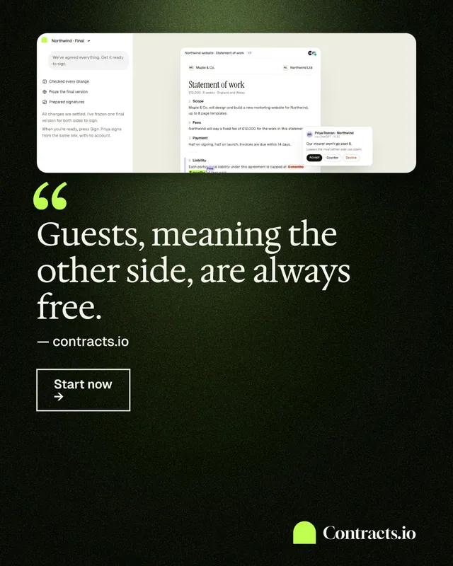 Instagram portrait post for contracts.io: "Guests, meaning the other side, are always free." Dark deco style, quote layout, dark palette in black, white, green.