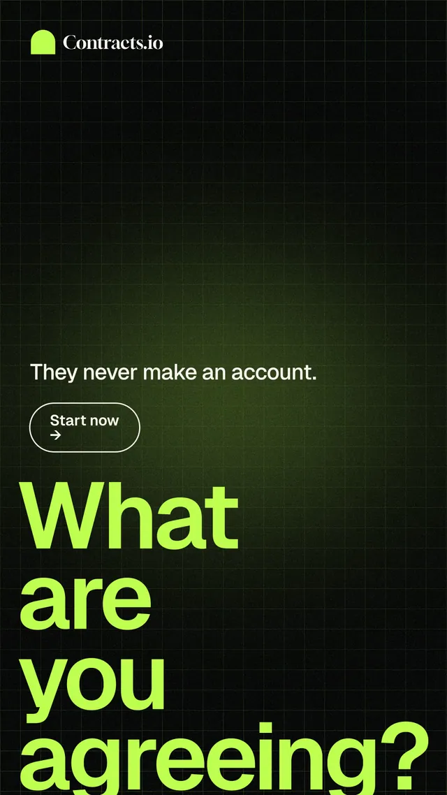 Instagram story for contracts.io: "What are you agreeing?" Phosphor atlas style, oversized layout, dark palette in black, green.