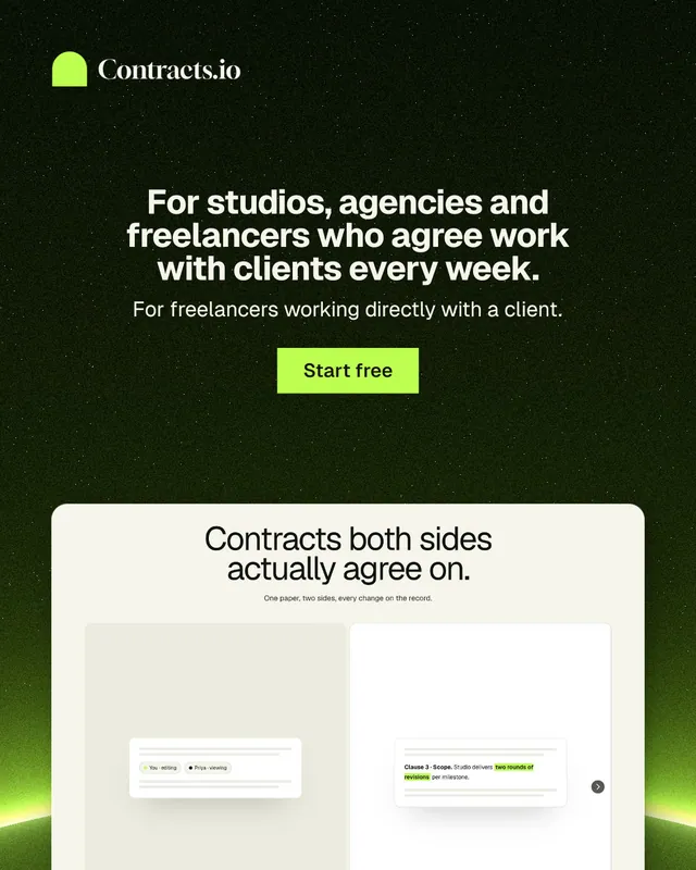 Instagram portrait post for contracts.io: "For studios, agencies and freelancers who agree work with clients every week." Swiss style, centred layout, light palette in black, white, green.
