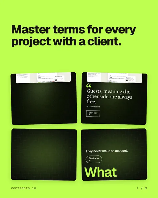 Carousel for contracts.io: "Master terms for every project with a client.". Collection carousel, 8 slides, light palette.