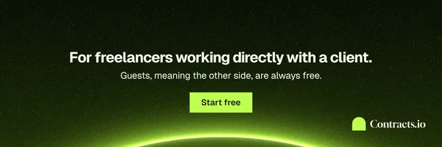 X header for contracts.io: "For freelancers working directly with a client." Swiss style, centred layout, dark palette in black, green.