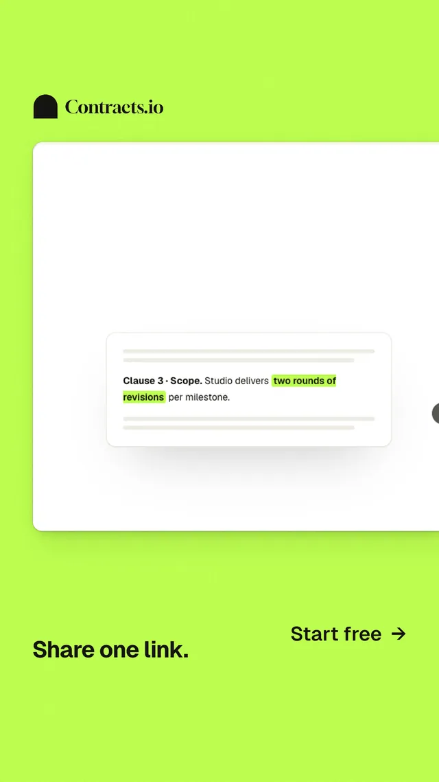 Instagram story for contracts.io: "Share one link." Swiss style, image led layout, light palette in green, white.